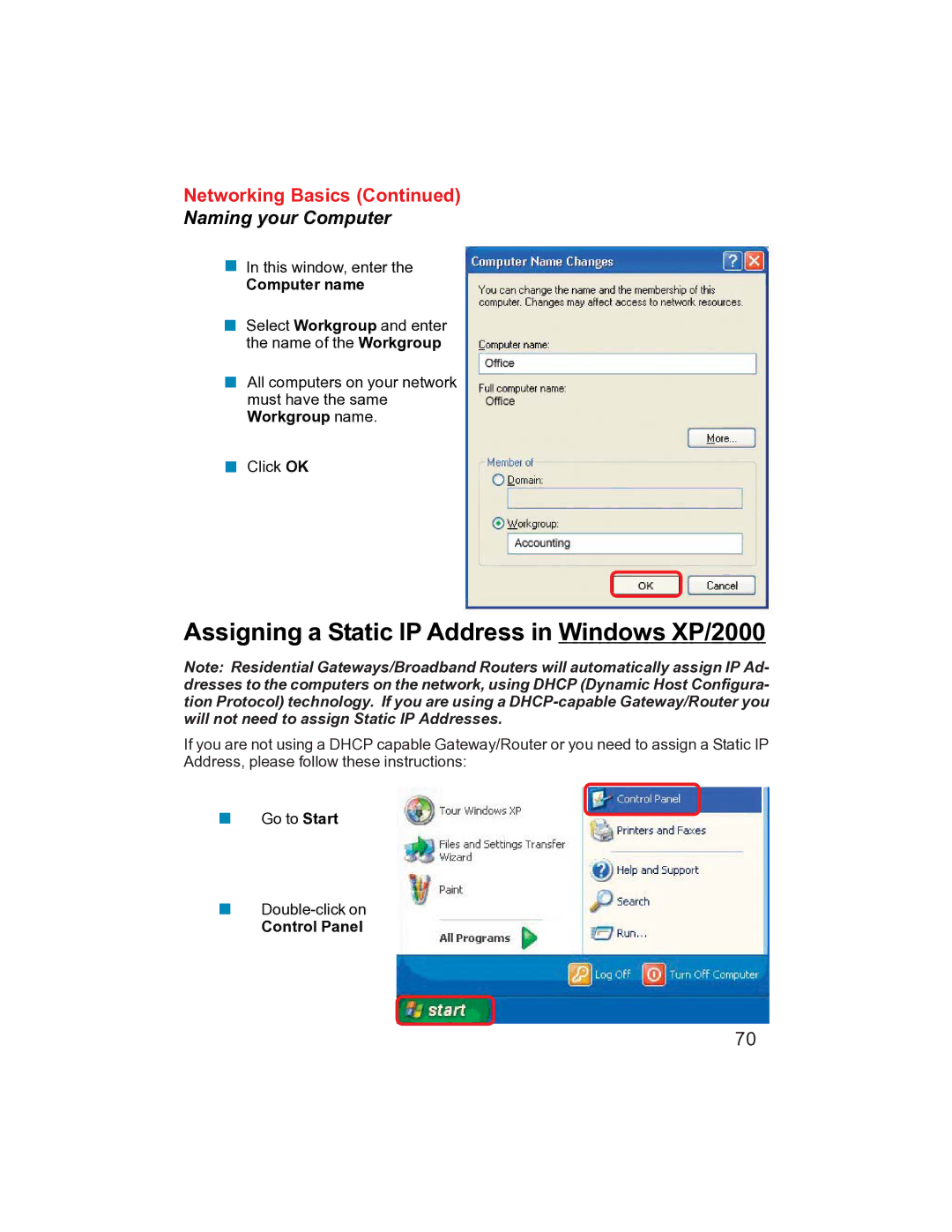 D-Link DI-704UP manual Assigning a Static IP Address in Windows XP/2000 