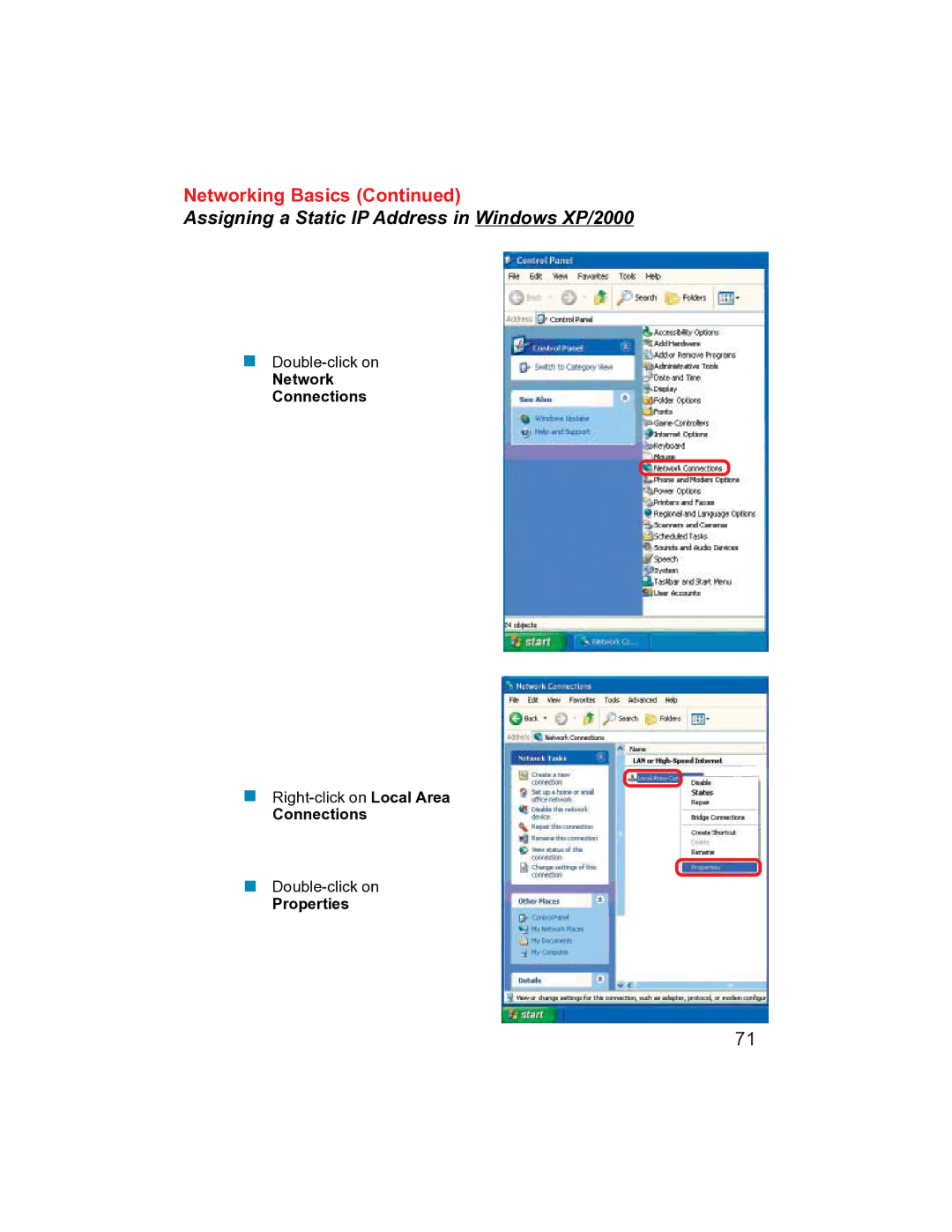 D-Link DI-704UP manual Assigning a Static IP Address in Windows XP/2000 