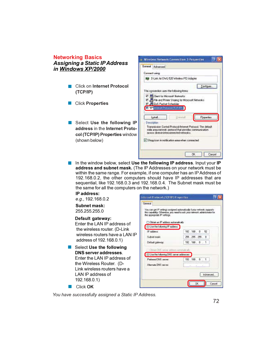 D-Link DI-704UP manual Assigning a Static IP Address Windows XP/2000 