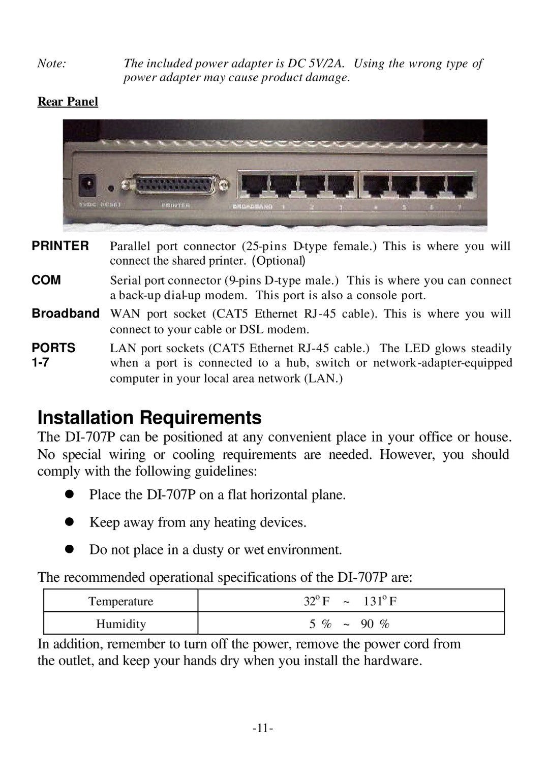 D-Link DI-707P user manual Installation Requirements, Printer 