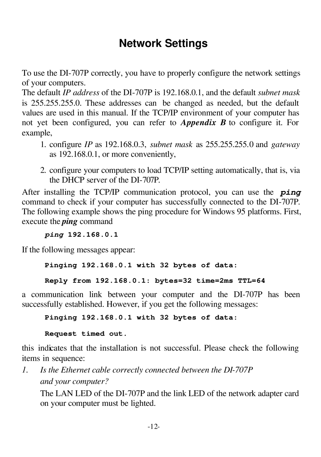 D-Link DI-707P user manual Network Settings 