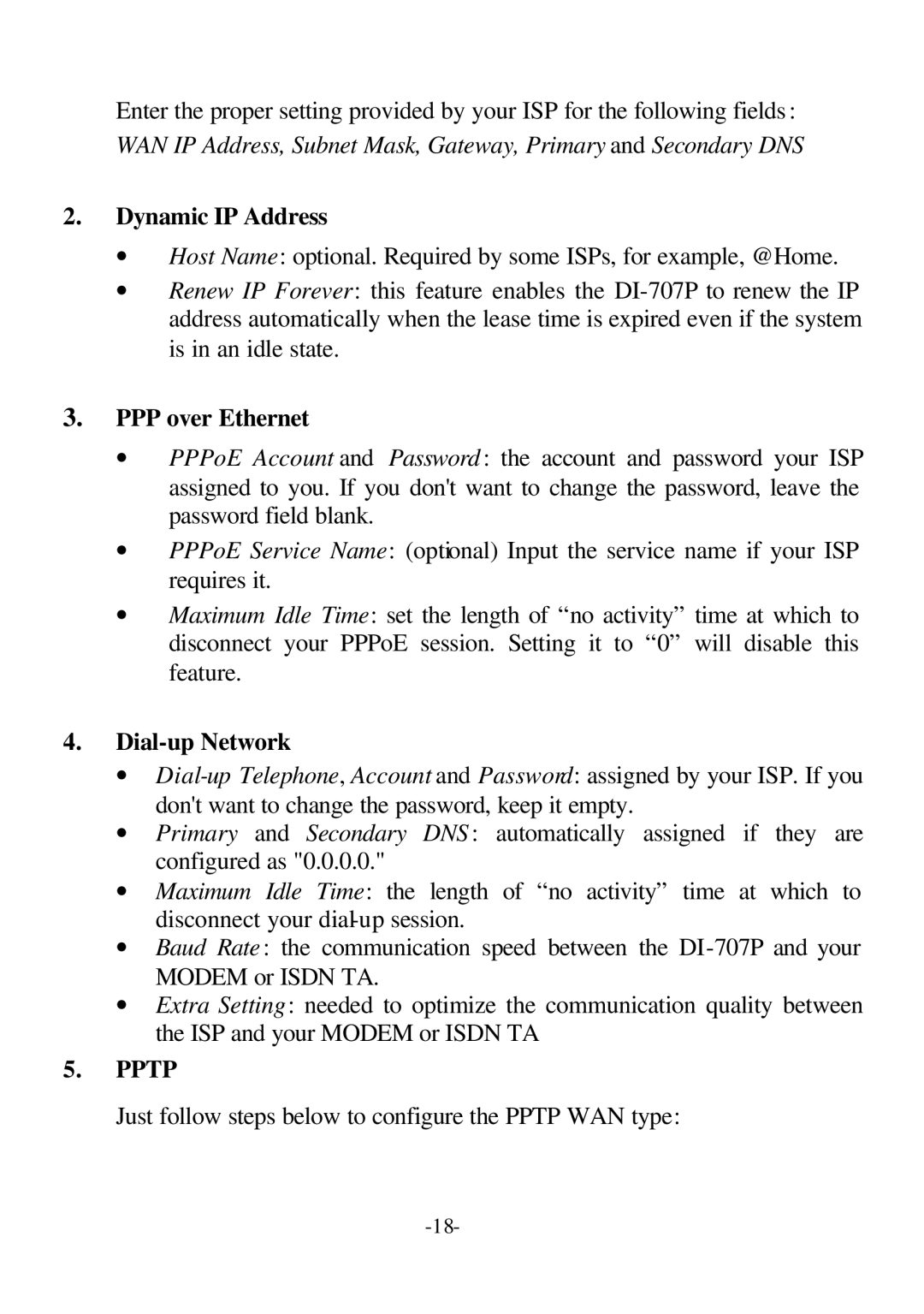 D-Link DI-707P user manual Dynamic IP Address, PPP over Ethernet, Dial-up Network 