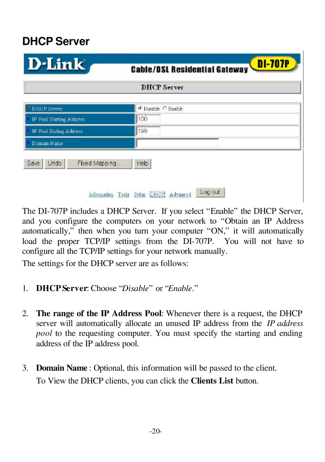 D-Link DI-707P user manual Dhcp Server 