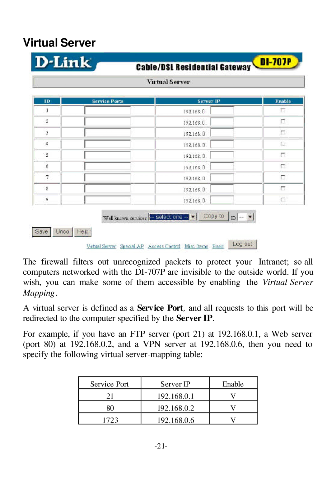 D-Link DI-707P user manual Virtual Server 