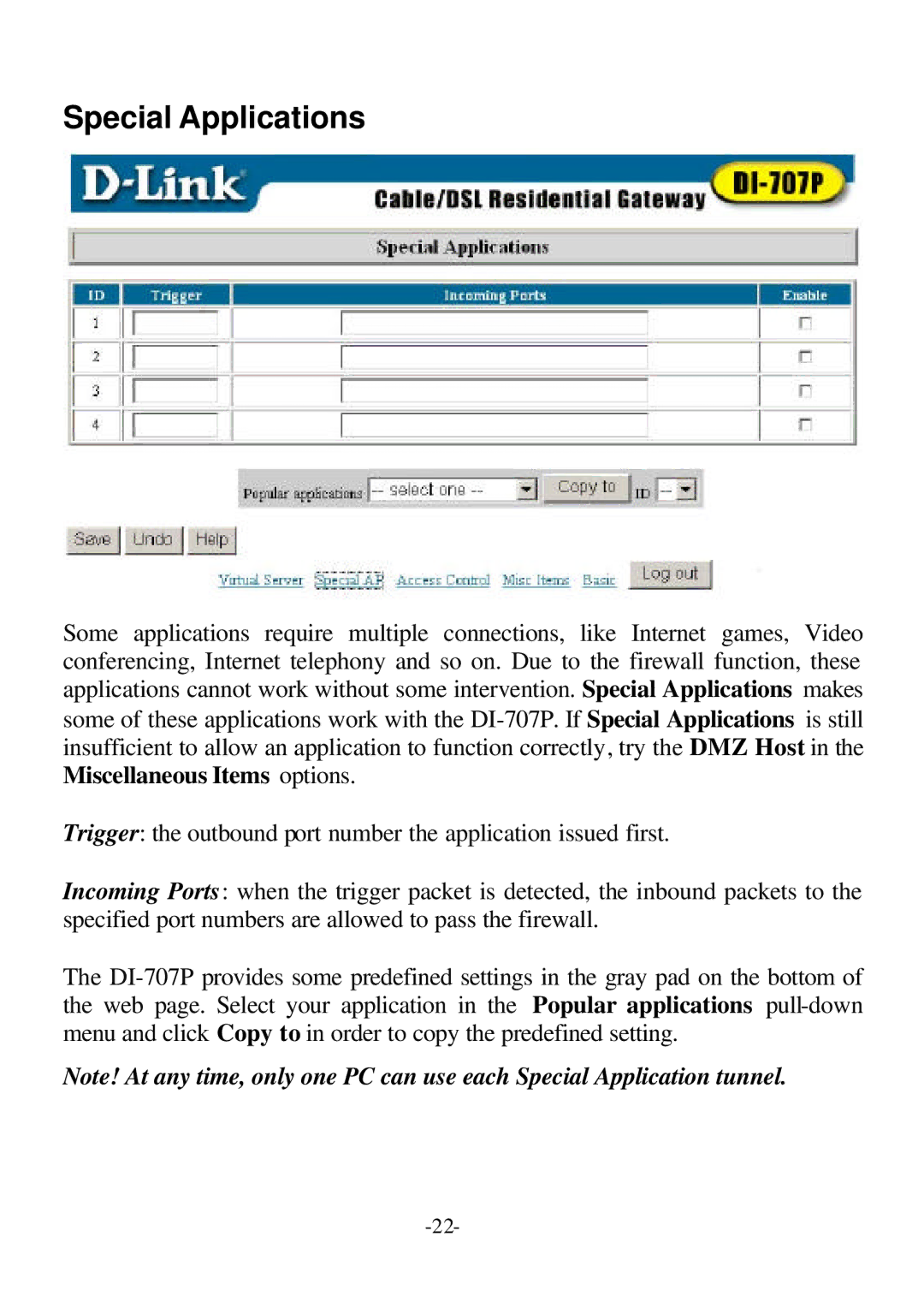 D-Link DI-707P user manual Special Applications 