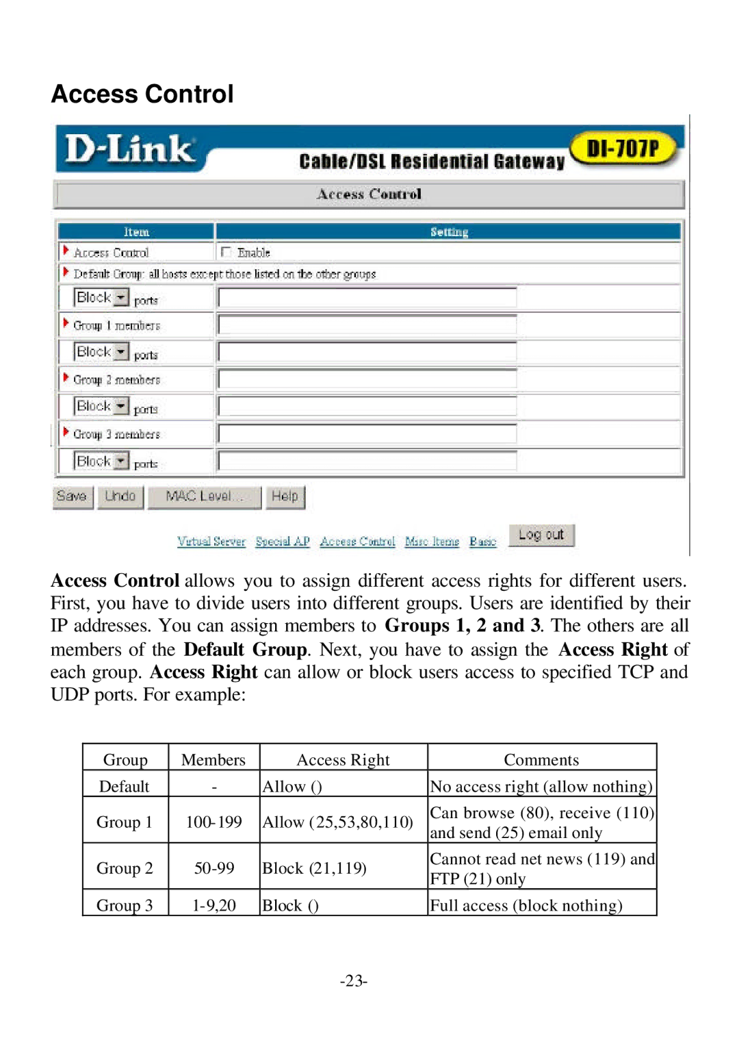 D-Link DI-707P user manual Access Control 