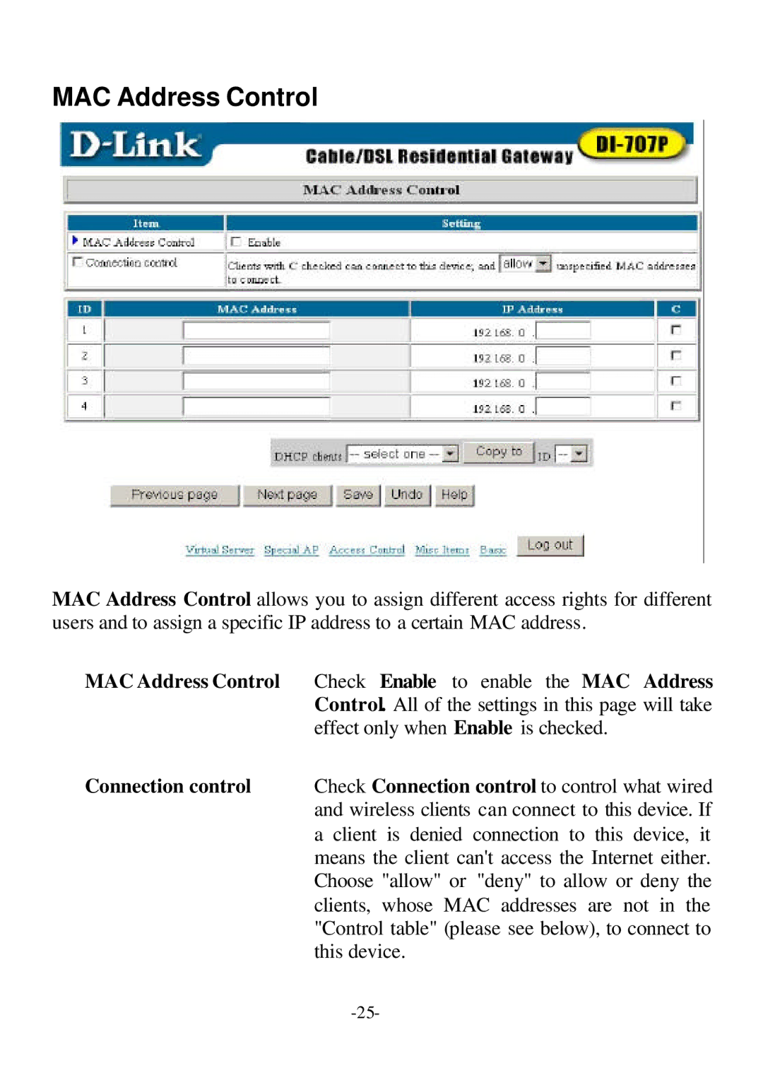 D-Link DI-707P user manual MAC Address Control, Connection control 