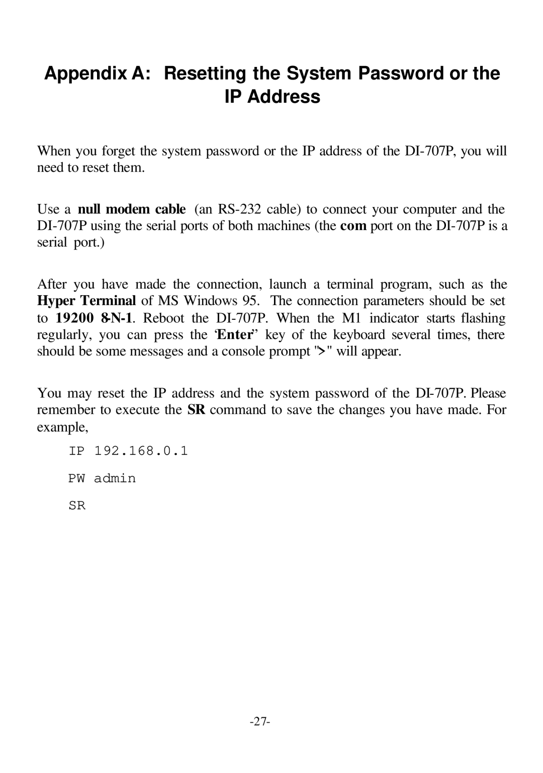 D-Link DI-707P user manual Appendix a Resetting the System Password or IP Address 