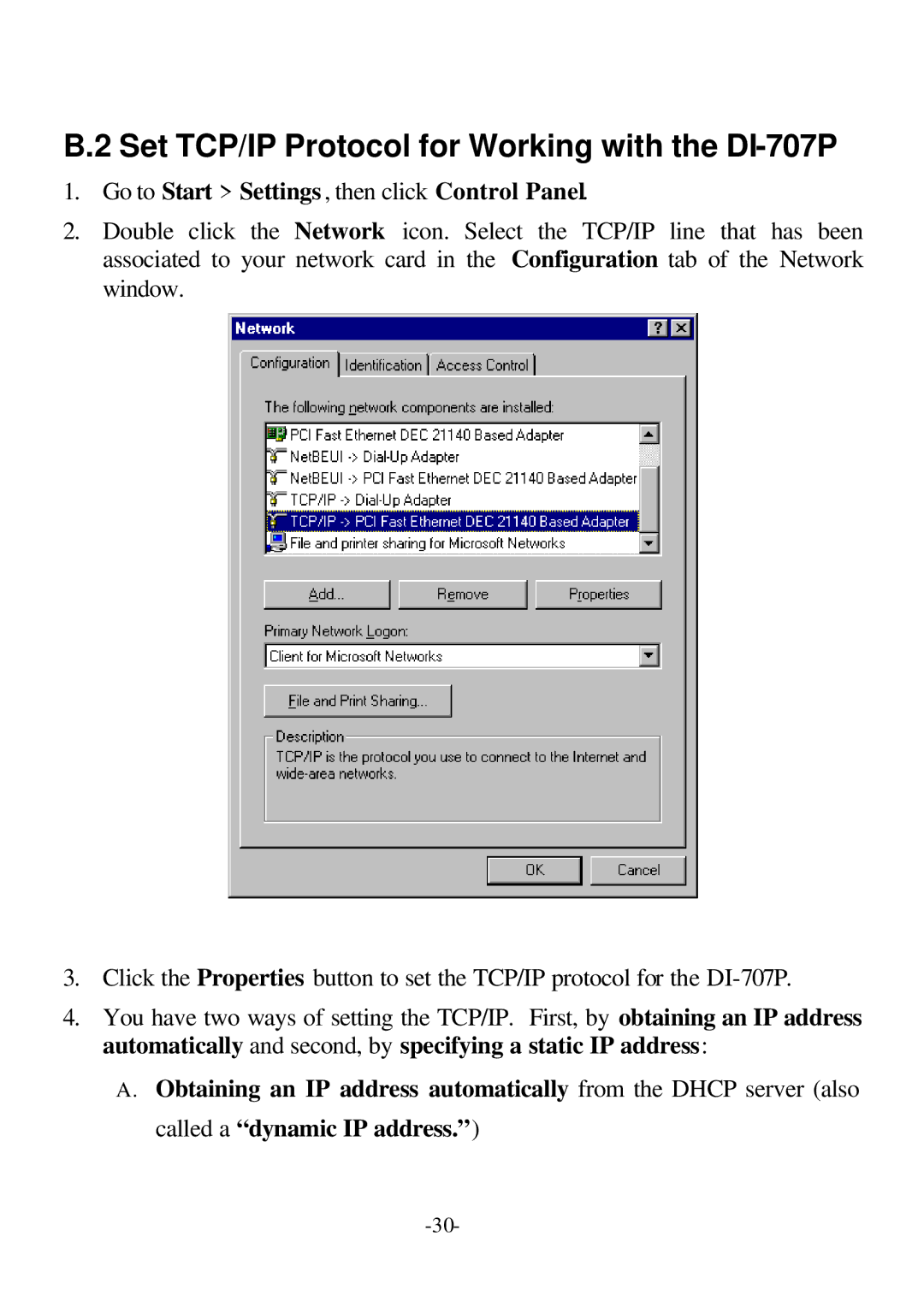 D-Link user manual Set TCP/IP Protocol for Working with the DI-707P 