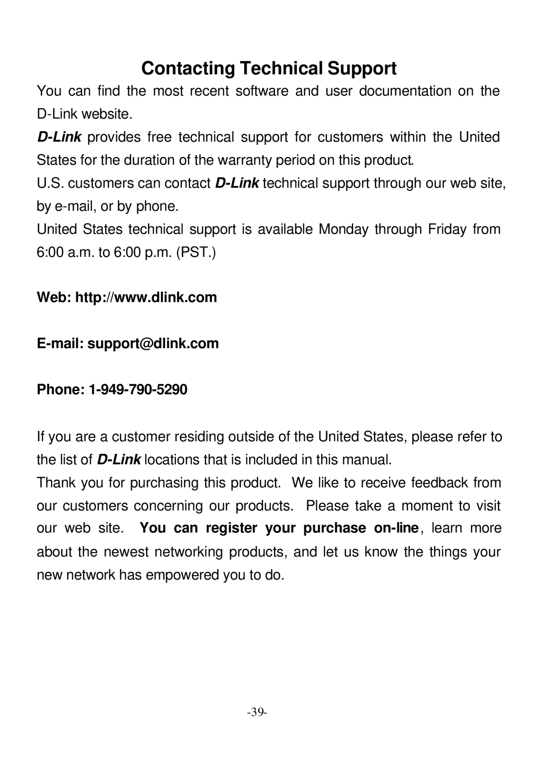 D-Link DI-707P user manual Contacting Technical Support, Mail support@dlink.com Phone 