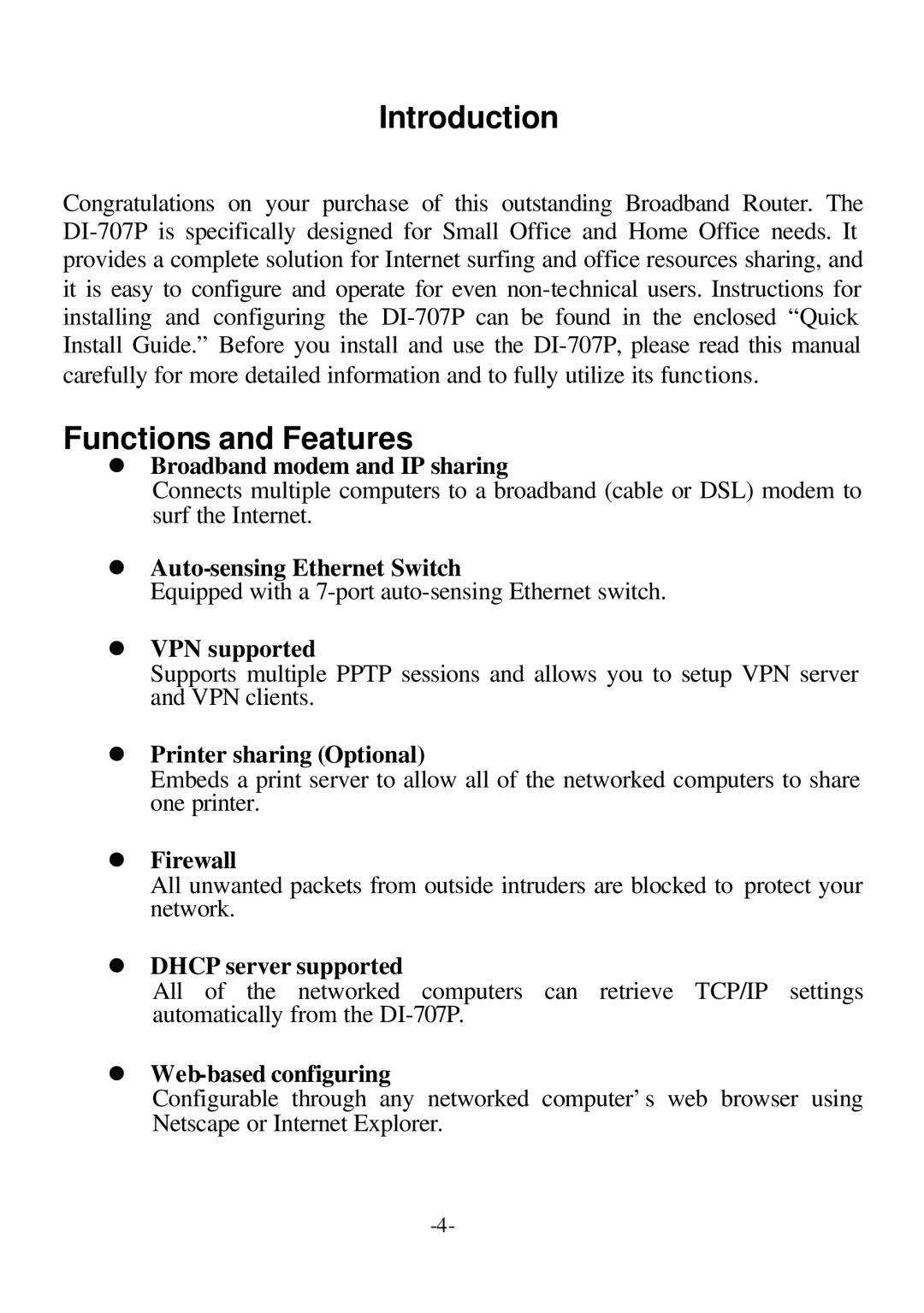 D-Link DI-707P user manual Introduction, Functions and Features 