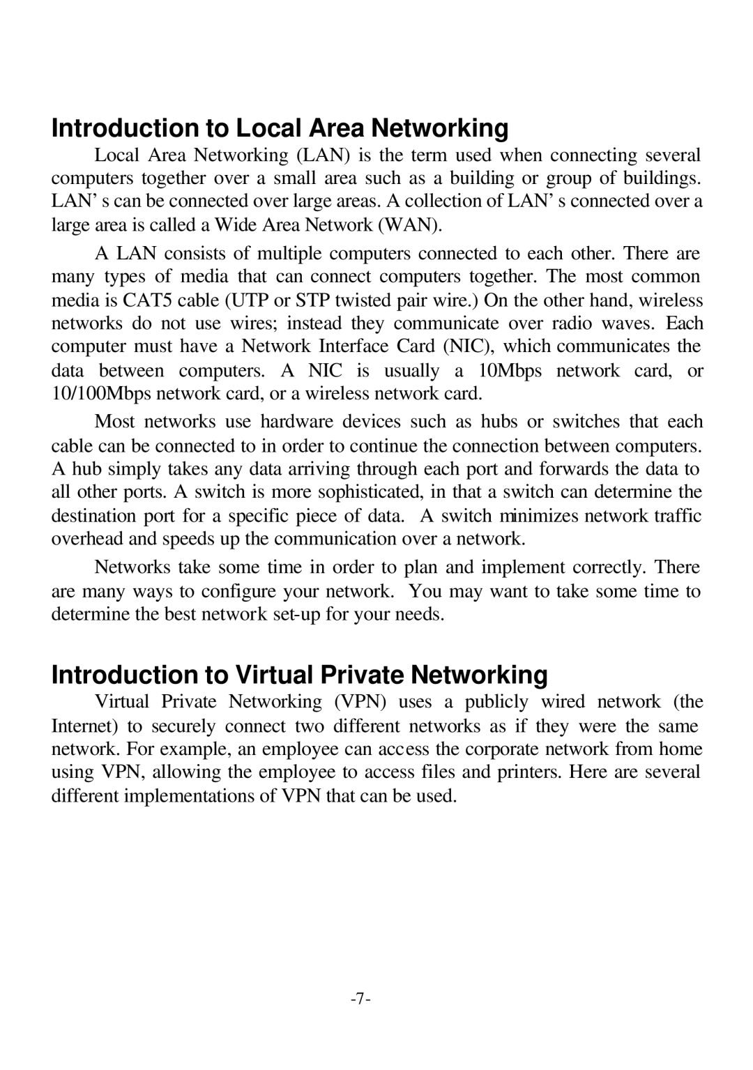 D-Link DI-707P user manual Introduction to Local Area Networking, Introduction to Virtual Private Networking 