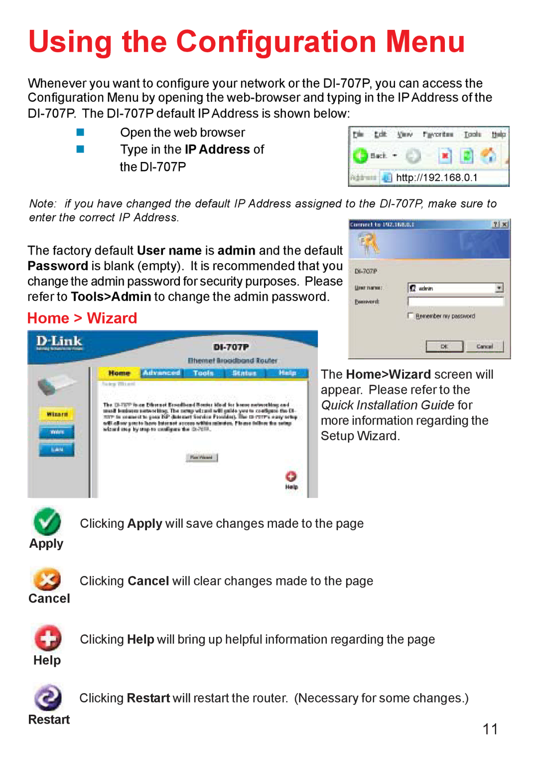 D-Link DI-707PD manual Using the Configuration Menu 