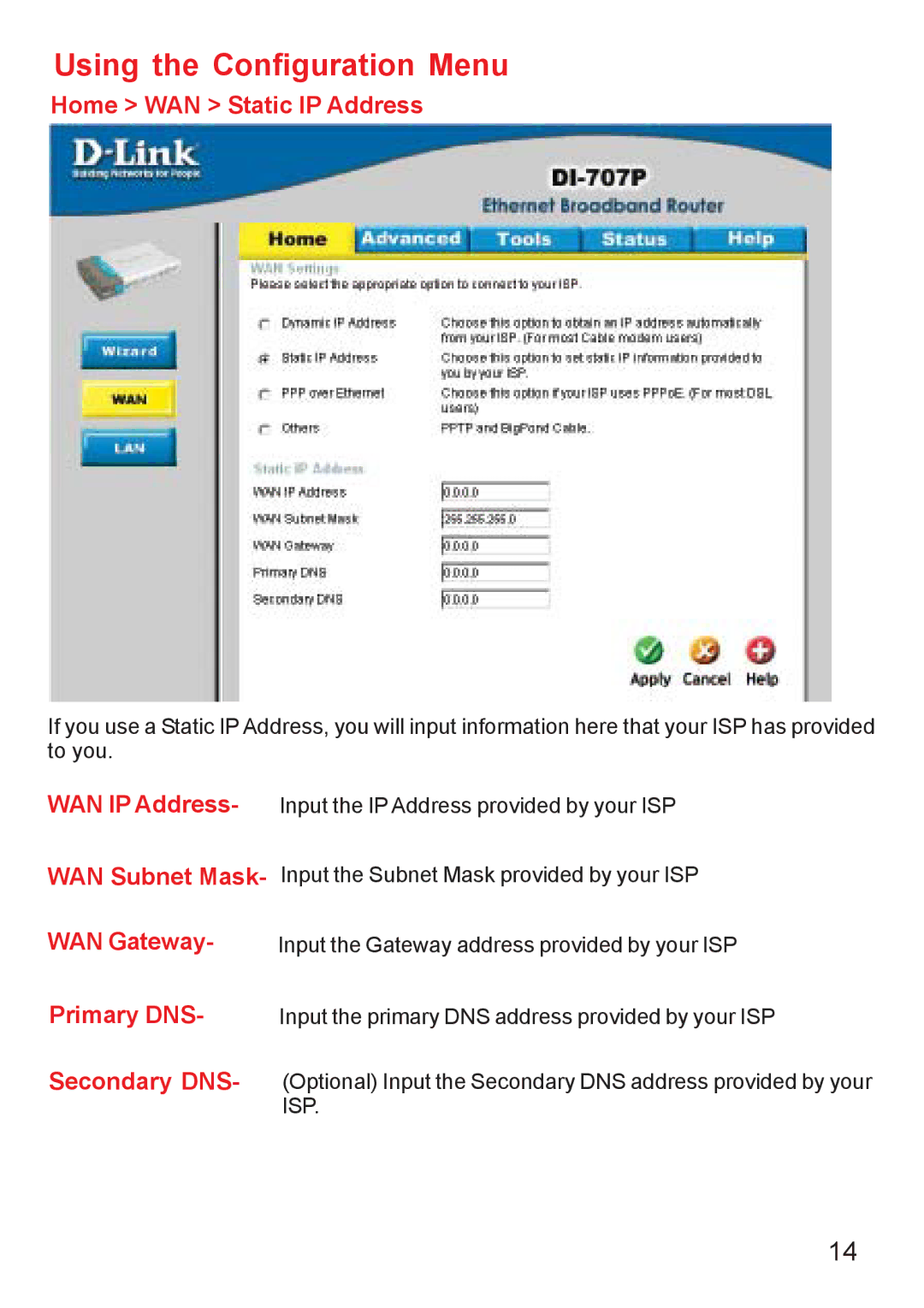 D-Link DI-707PD manual Home WAN Static IP Address 