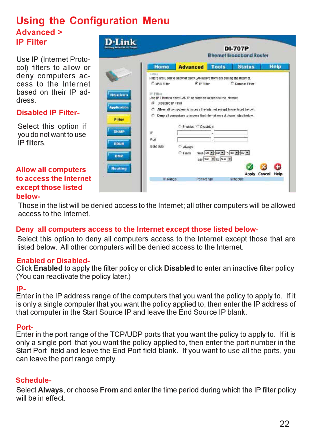 D-Link DI-707PD manual Advanced IP Filter, Enabled or Disabled 