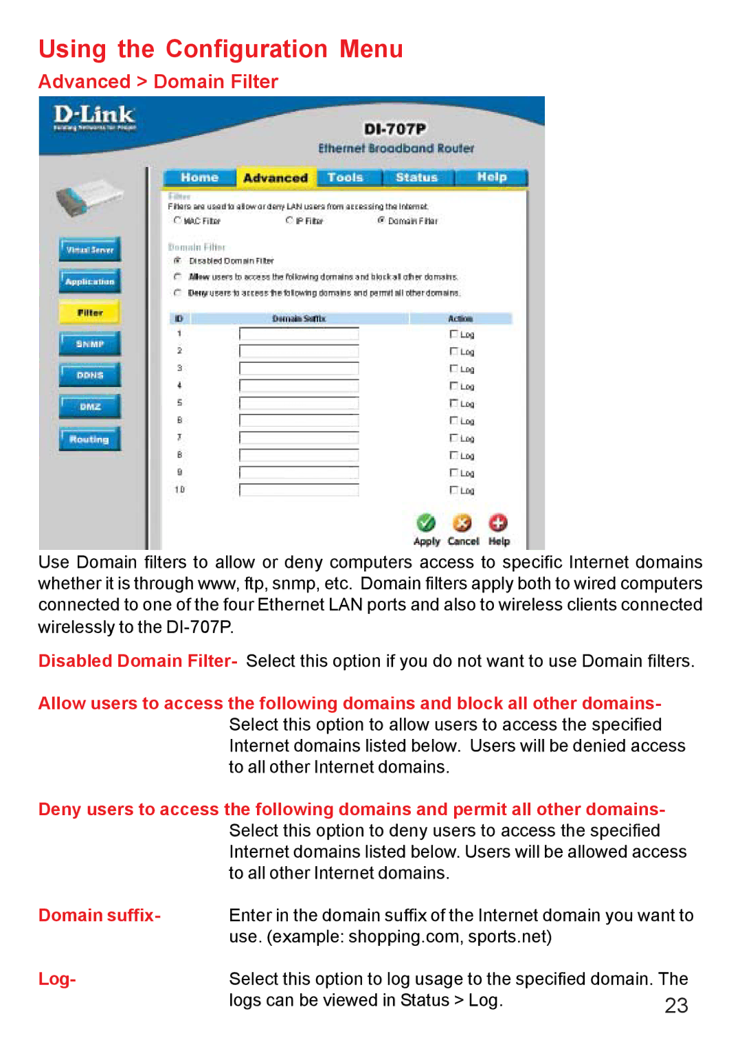 D-Link DI-707PD manual Advanced Domain Filter 