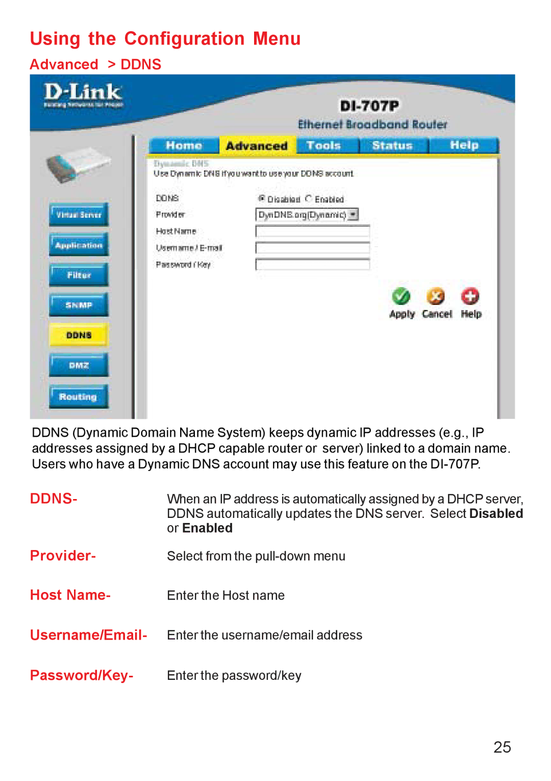 D-Link DI-707PD manual Advanced Ddns, Provider, Password/Key 