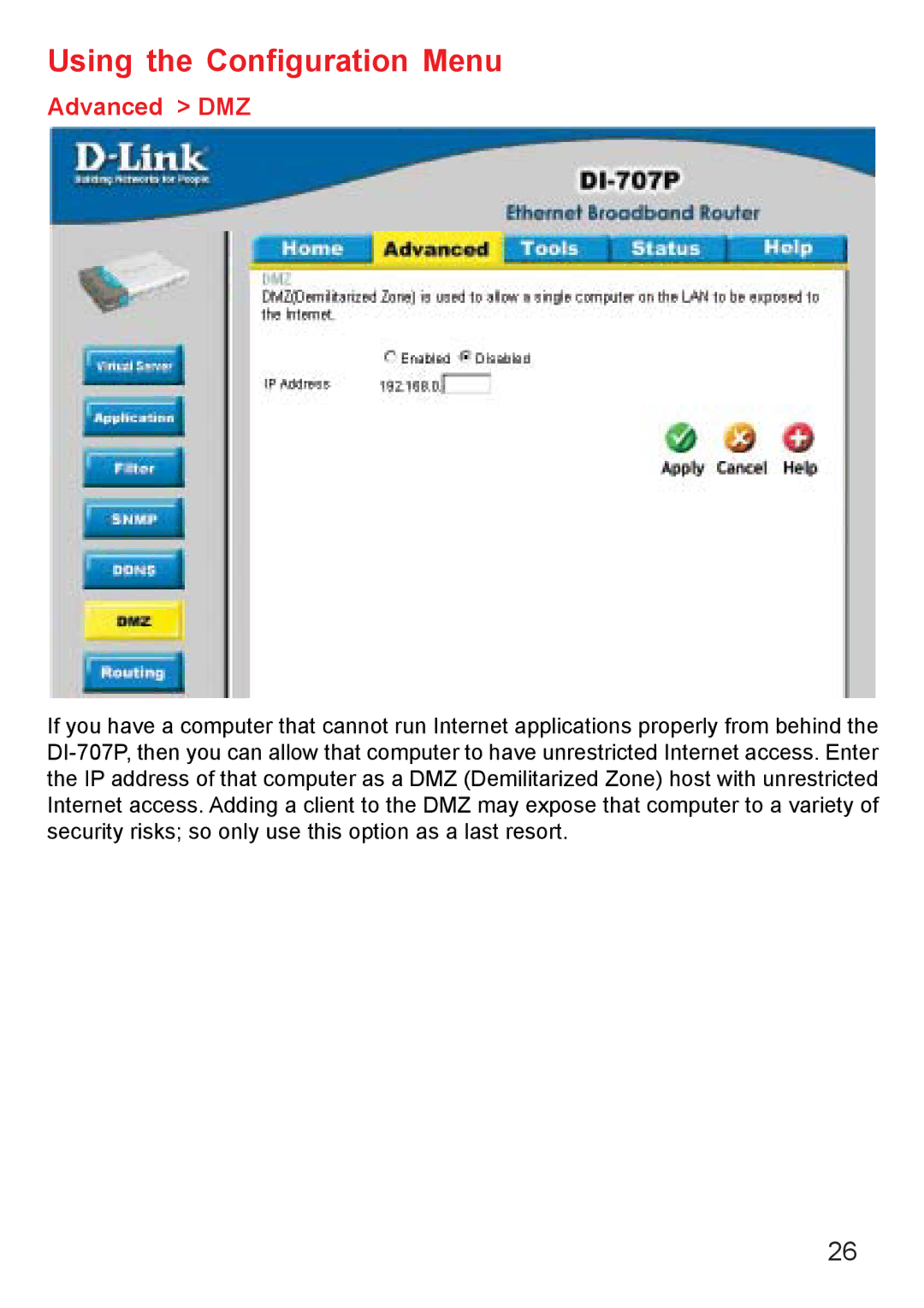 D-Link DI-707PD manual Advanced DMZ 