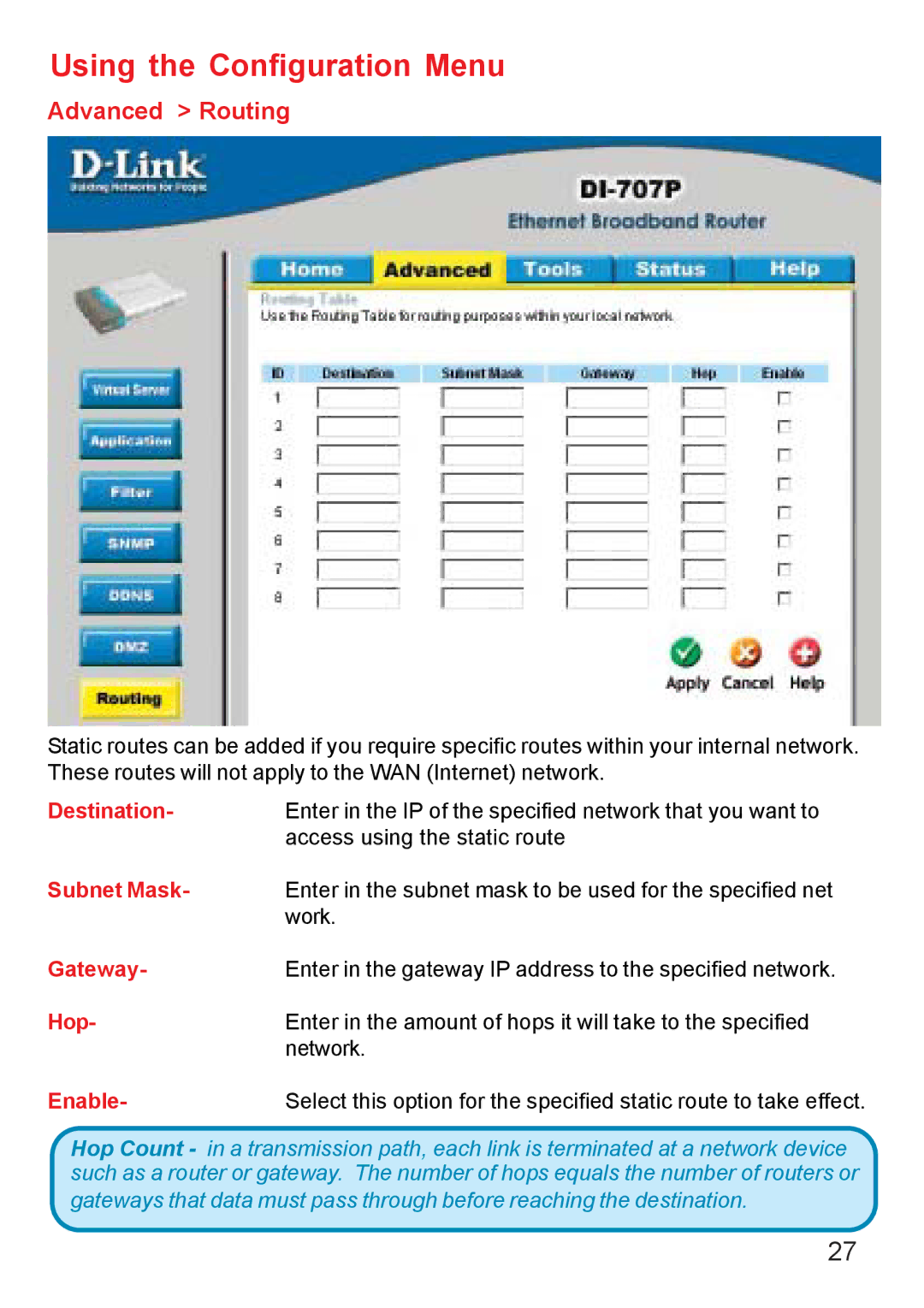 D-Link DI-707PD manual Advanced Routing 