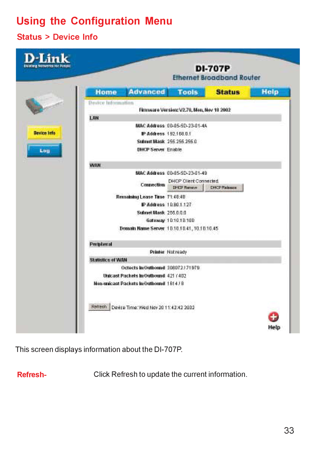 D-Link DI-707PD manual Status Device Info 