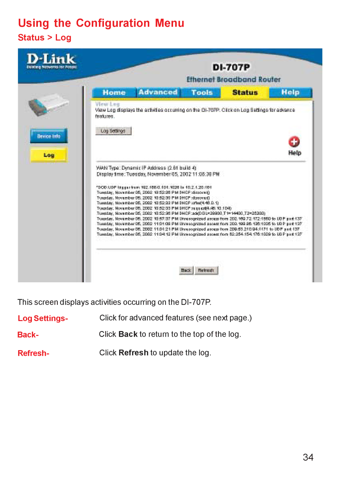 D-Link DI-707PD manual Status Log 