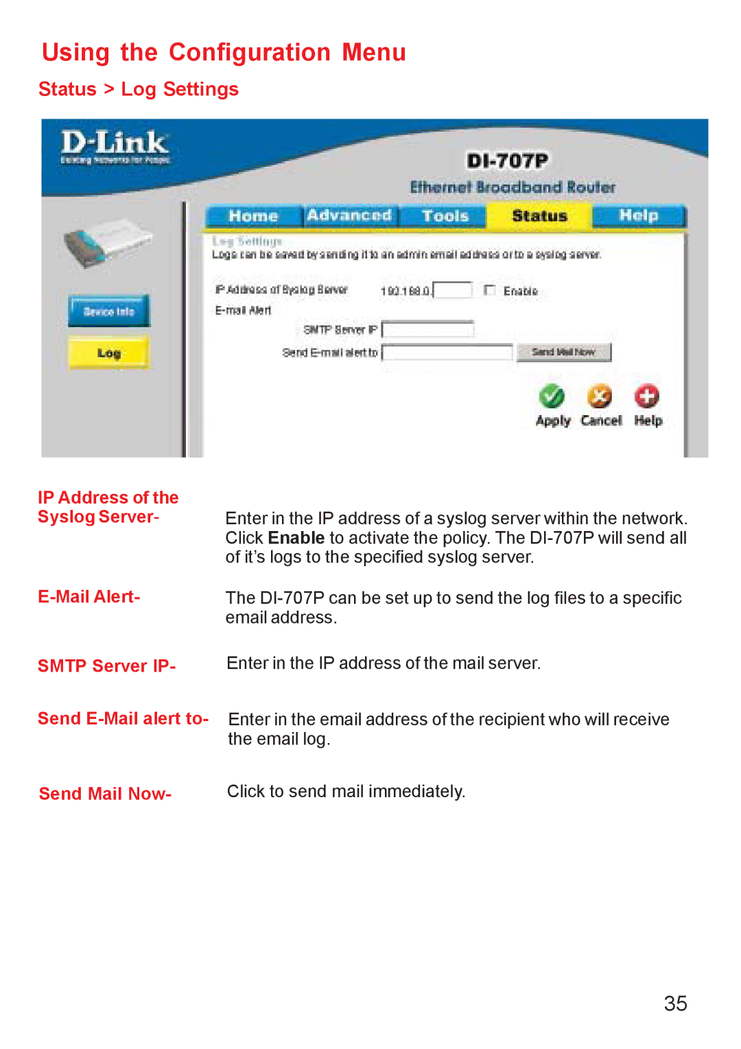 D-Link DI-707PD manual Status Log Settings 