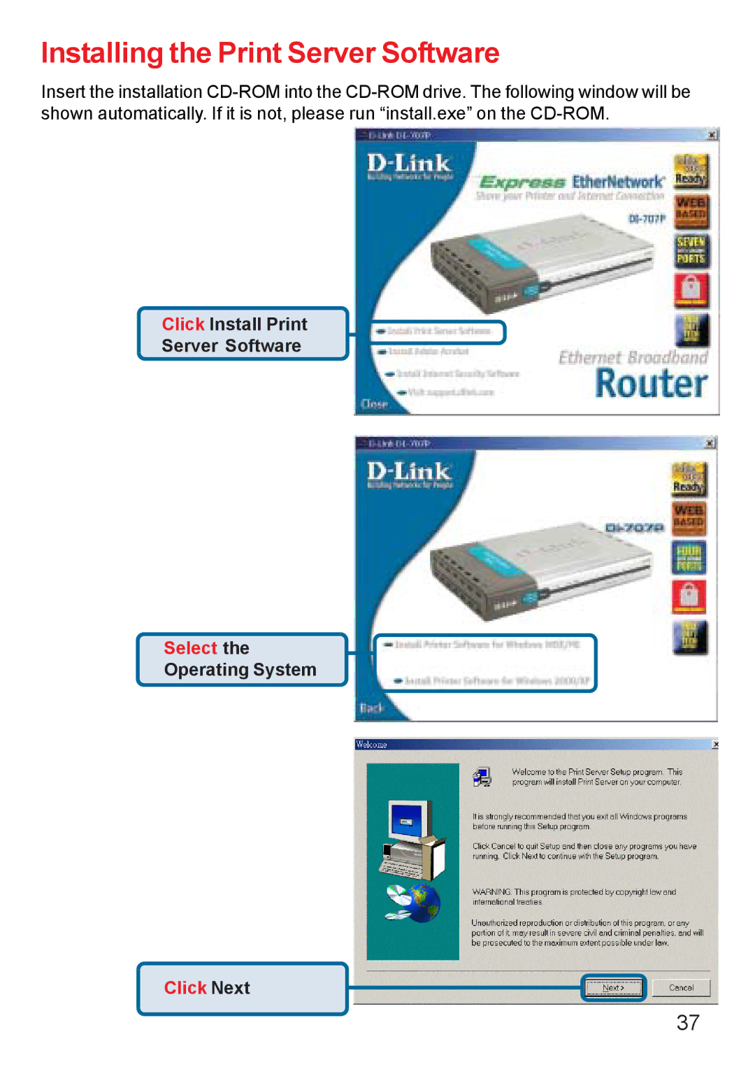 D-Link DI-707PD manual Installing the Print Server Software 