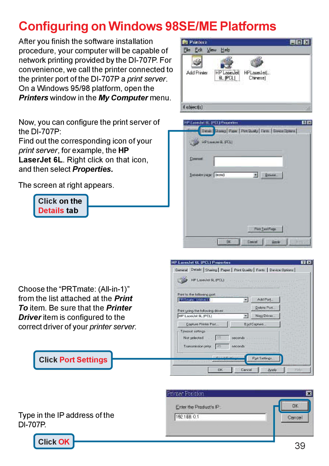 D-Link DI-707PD manual Configuring on Windows 98SE/ME Platforms 