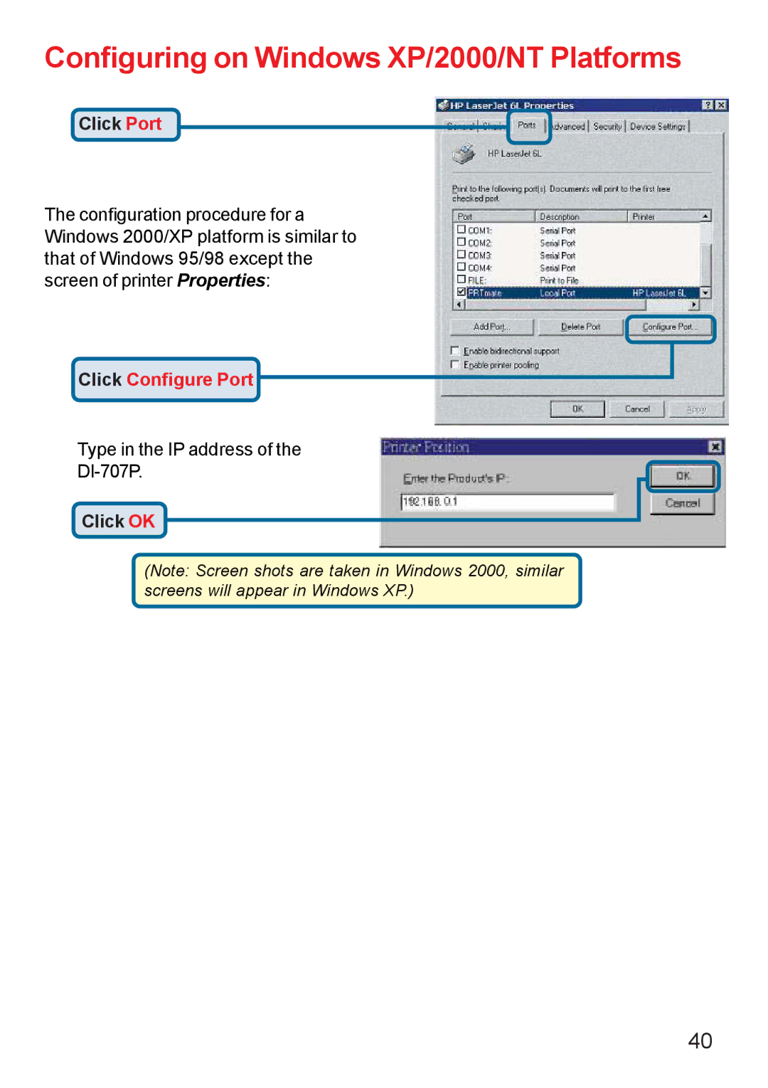 D-Link DI-707PD manual Configuring on Windows XP/2000/NT Platforms 