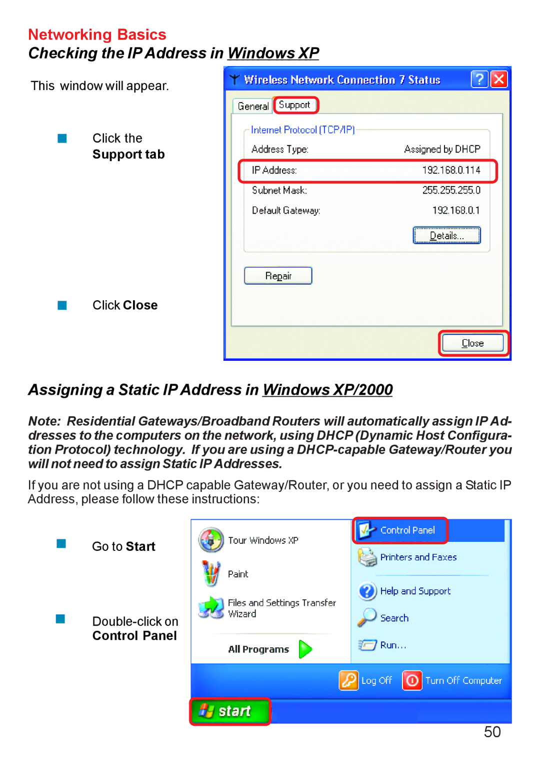 D-Link DI-707PD manual Assigning a Static IP Address in Windows XP/2000 