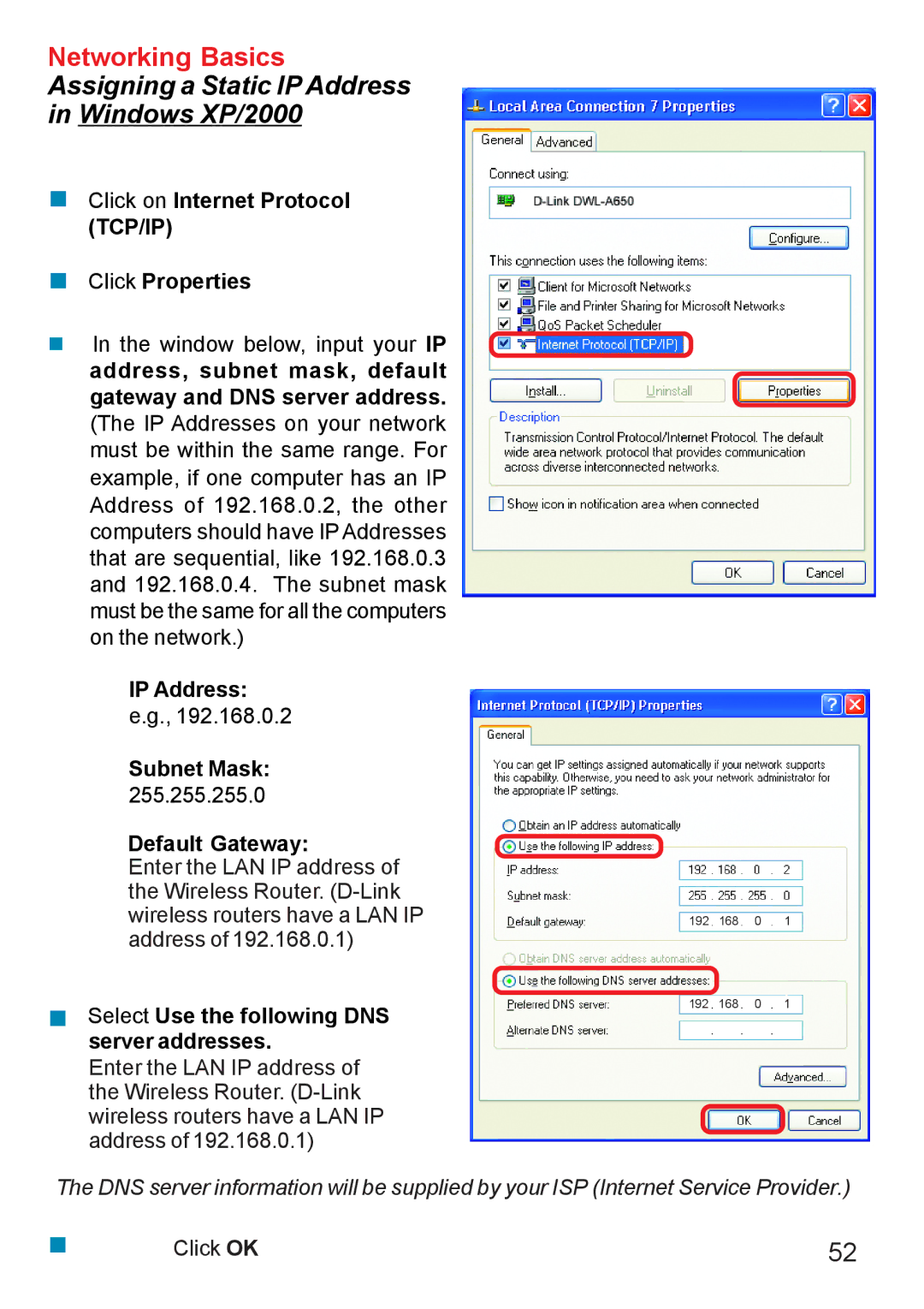 D-Link DI-707PD manual Assigning a Static IP Address Windows XP/2000, Click on Internet Protocol TCP/IP Click Properties 