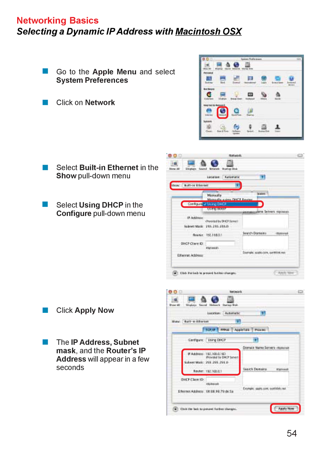 D-Link DI-707PD manual Selecting a Dynamic IP Address with Macintosh OSX 