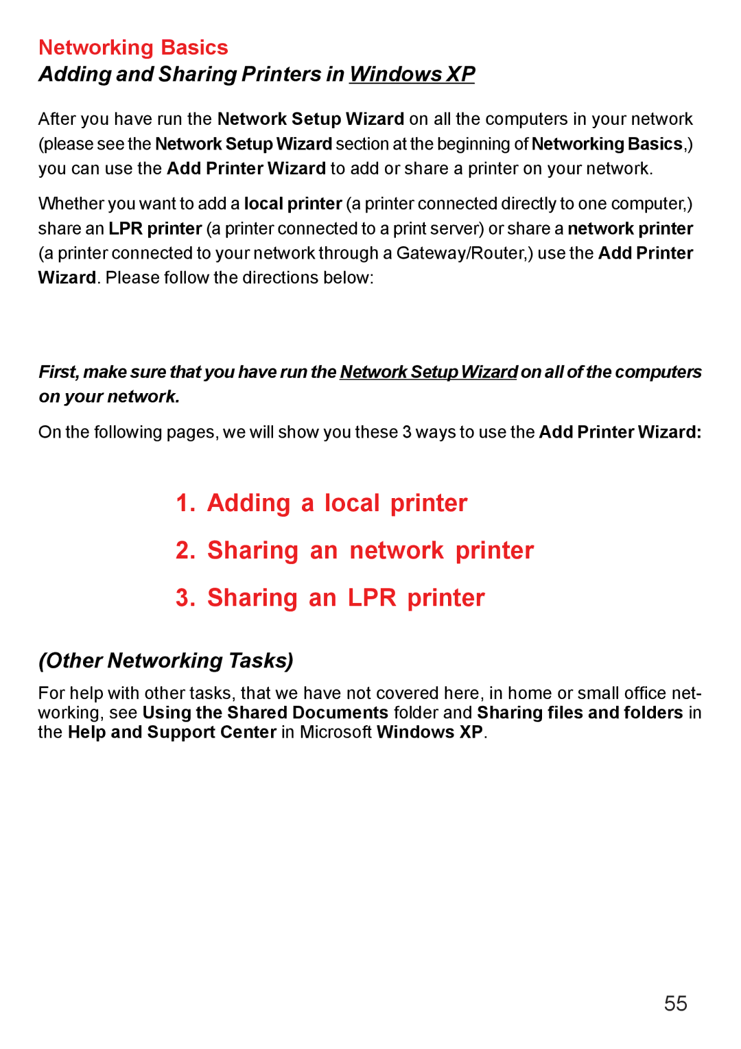 D-Link DI-707PD manual Adding and Sharing Printers in Windows XP, Other Networking Tasks 