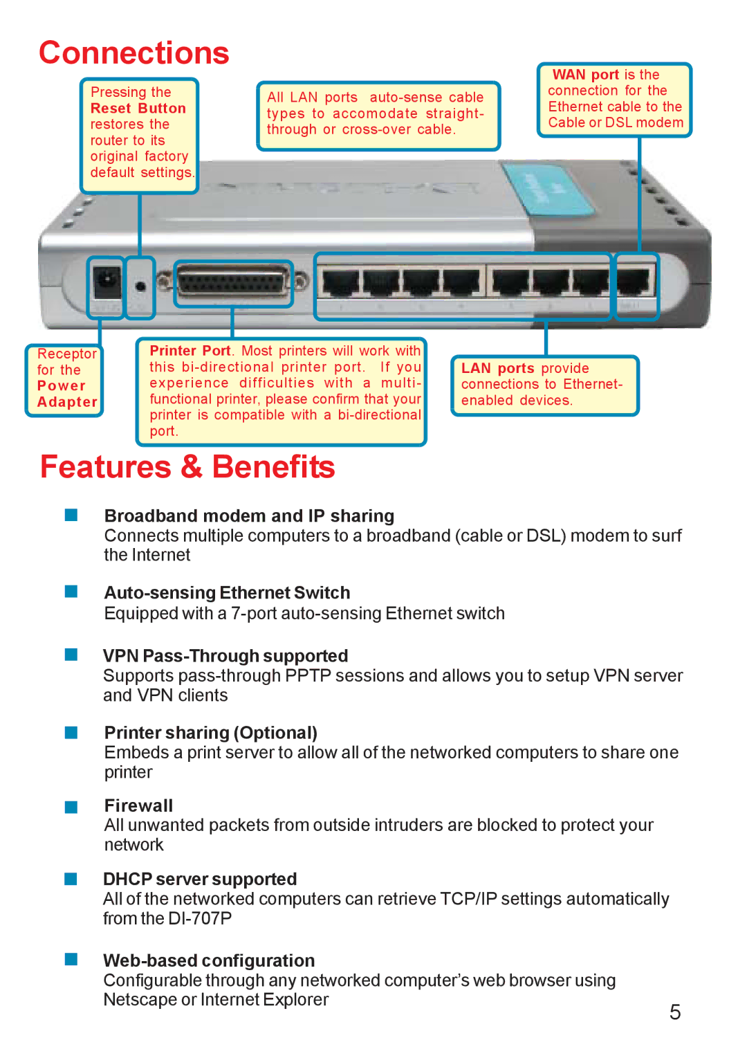 D-Link DI-707PD manual Connections 