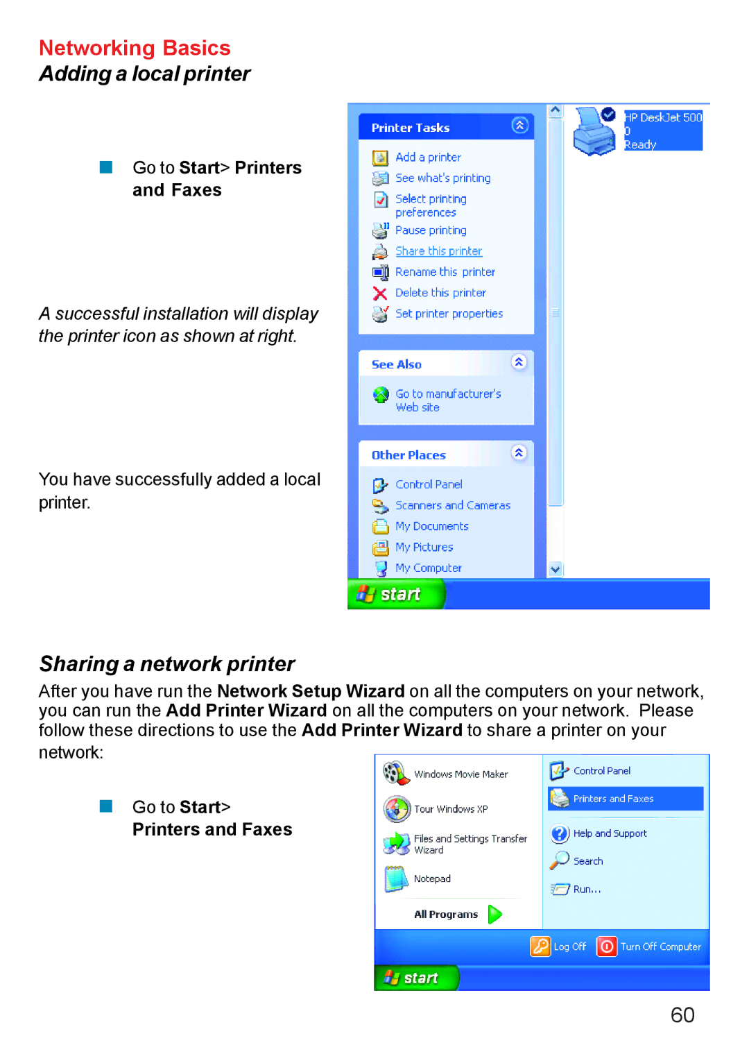 D-Link DI-707PD manual Sharing a network printer, Go to Start Printers and Faxes 