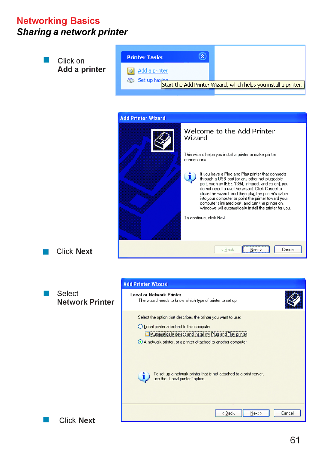 D-Link DI-707PD manual Networking Basics Sharing a network printer 