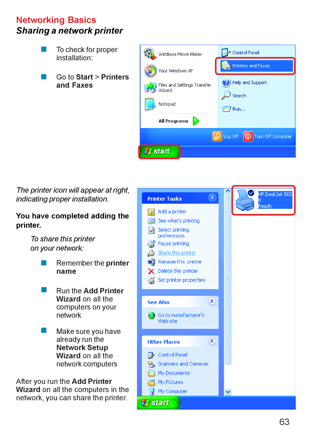 D-Link DI-707PD manual Go to Start Printers and Faxes 