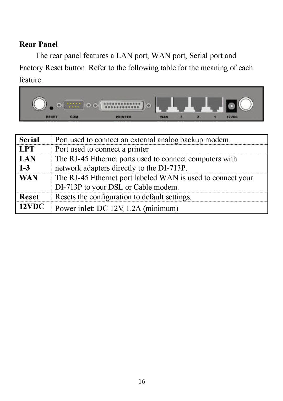 D-Link DI-713P manual Rear Panel, Serial, Reset 