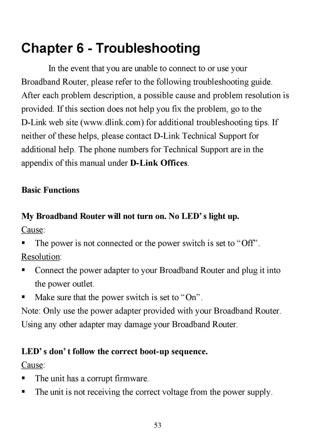 D-Link DI-713P manual Troubleshooting, LED’s don’t follow the correct boot-up sequence 