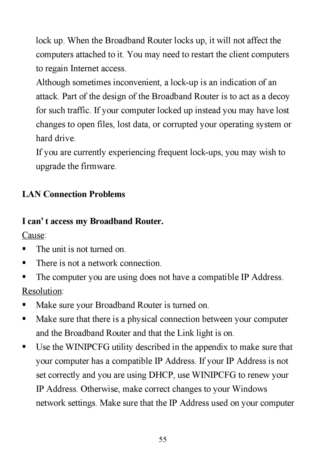 D-Link DI-713P manual LAN Connection Problems Can’t access my Broadband Router 