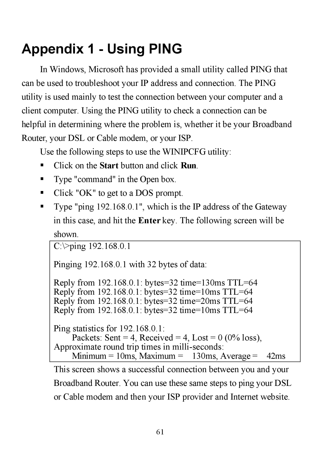 D-Link DI-713P manual Appendix 1 Using Ping 