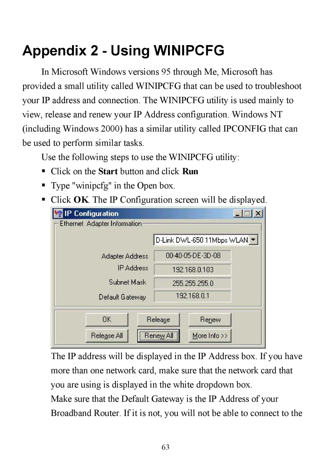 D-Link DI-713P manual Appendix 2 Using Winipcfg 