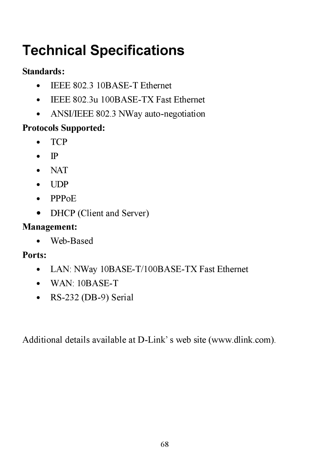 D-Link DI-713P manual Technical Specifications, Standards, Protocols Supported, Management, Ports 