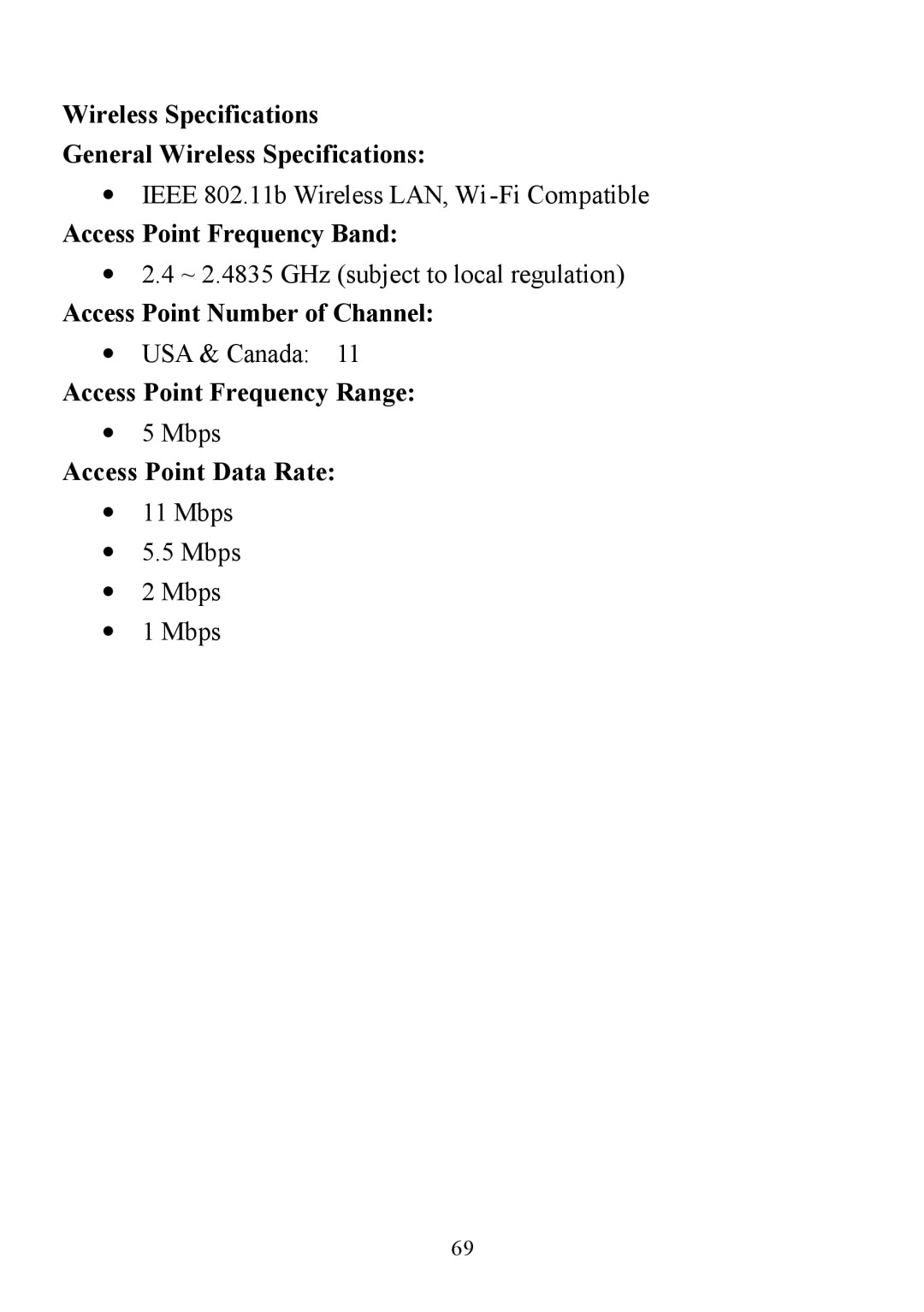 D-Link DI-713P manual Wireless Specifications General Wireless Specifications, Access Point Frequency Band 