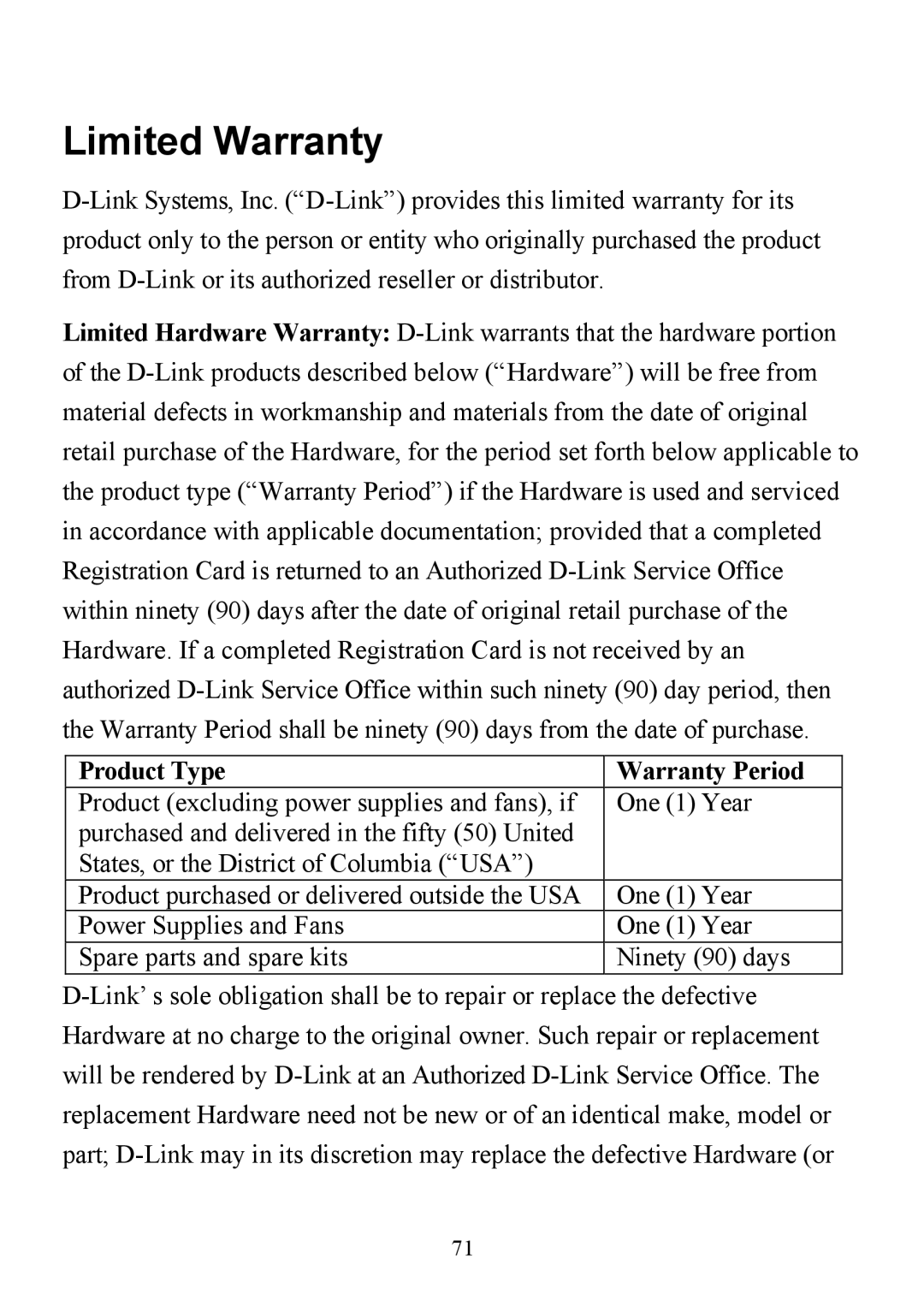 D-Link DI-713P manual Limited Warranty, Product Type Warranty Period 