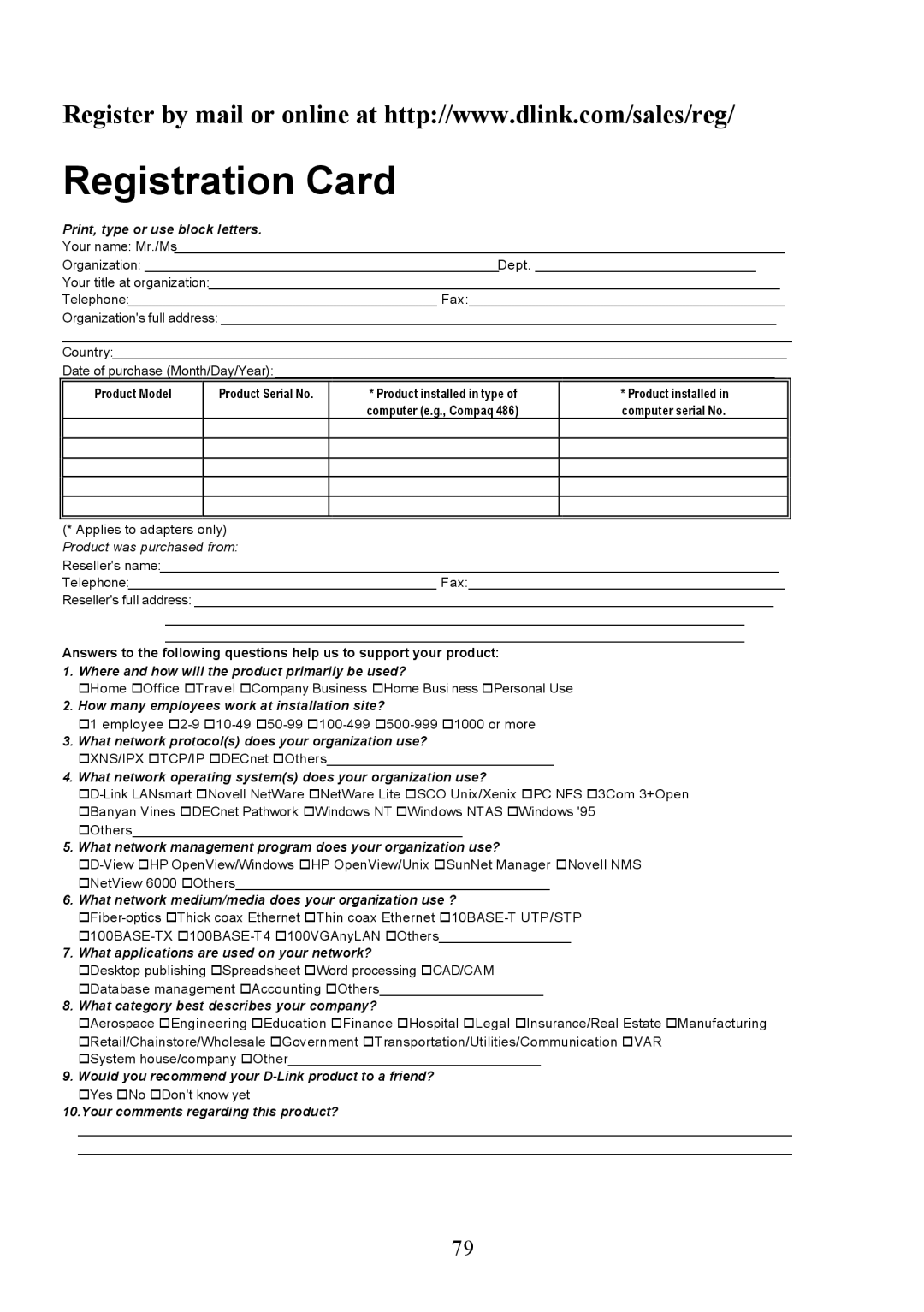 D-Link DI-713P manual Registration Card, Print, type or use block letters 