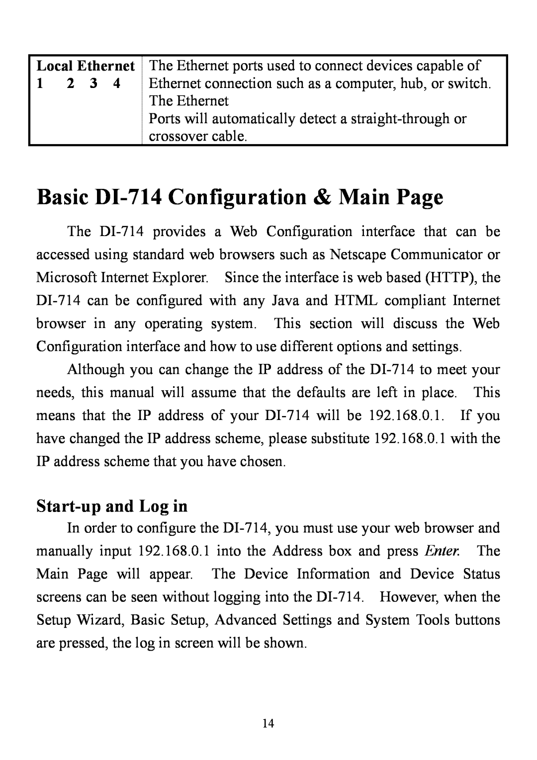 D-Link user manual Basic DI-714 Configuration & Main Page, Start-up and Log in 