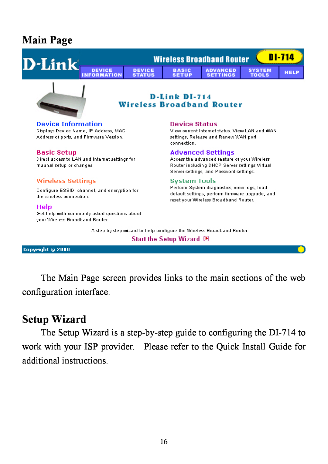 D-Link DI-714 user manual Main Page, Setup Wizard 