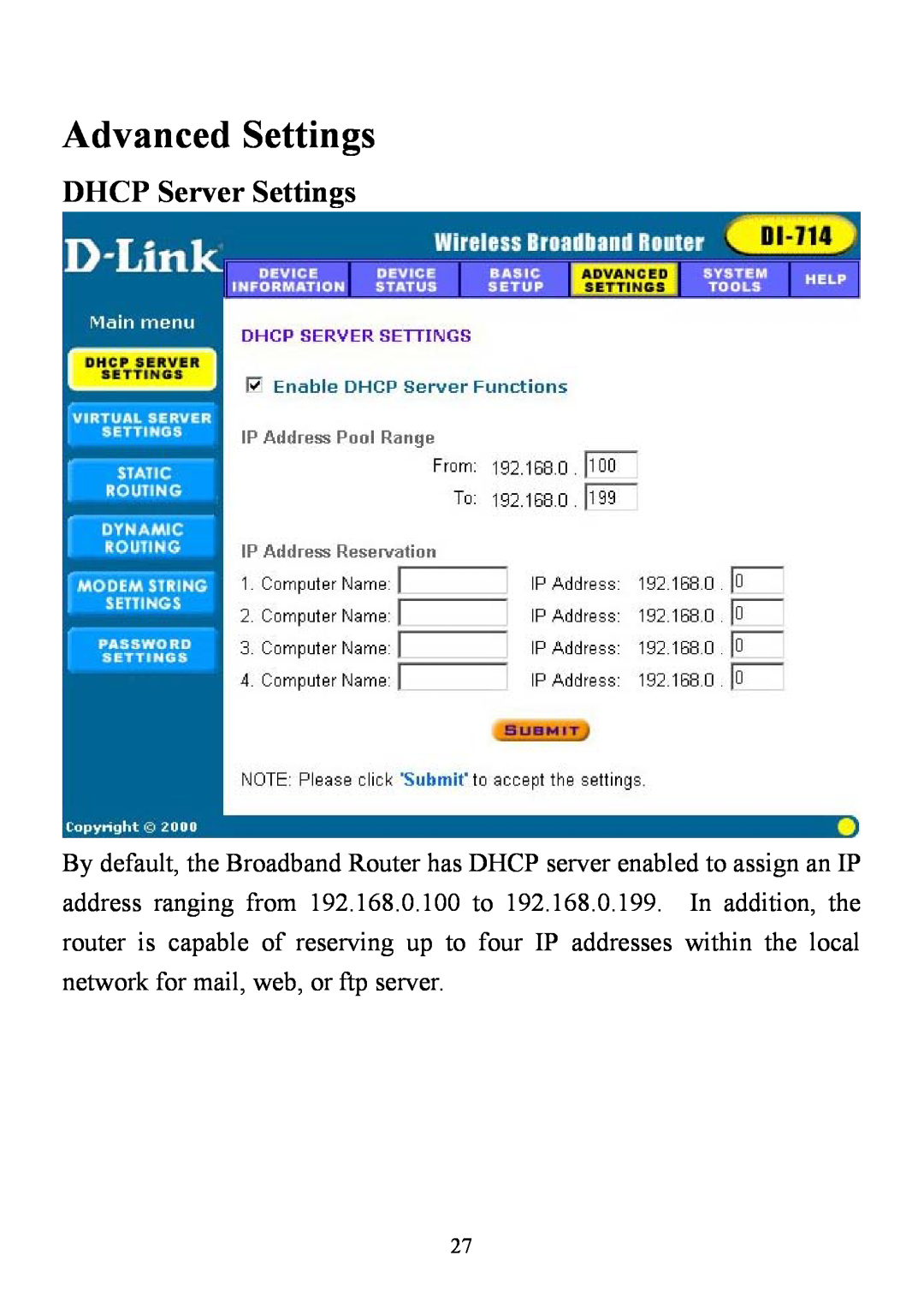 D-Link DI-714 user manual Advanced Settings, DHCP Server Settings 