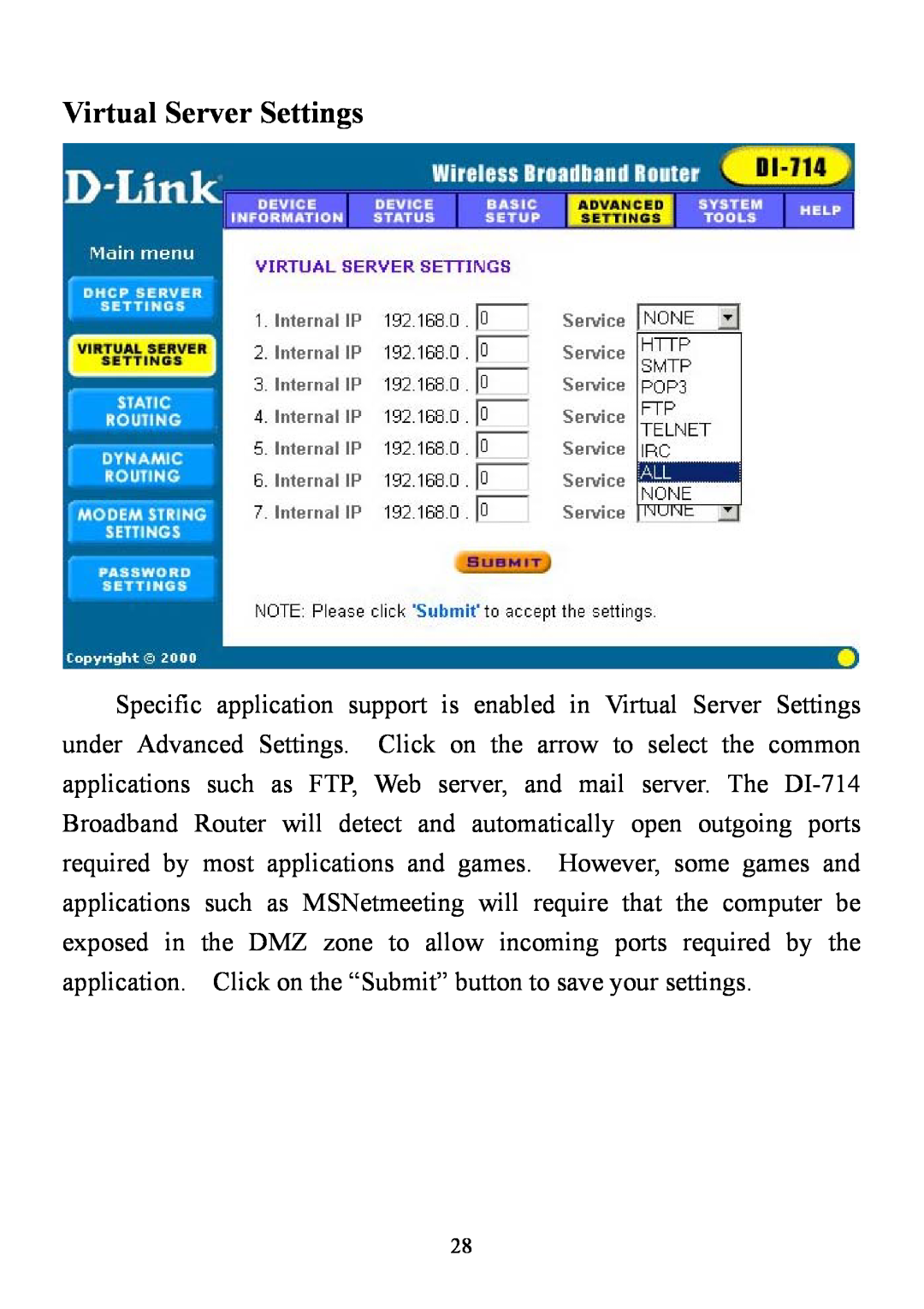 D-Link DI-714 user manual Virtual Server Settings 